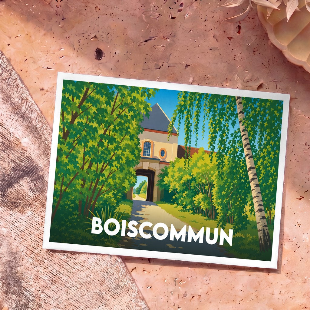 Carte postale souvenir de la ville de Boiscommun avec une illustration stylisée de son patrimoine architectural entouré de verdure.