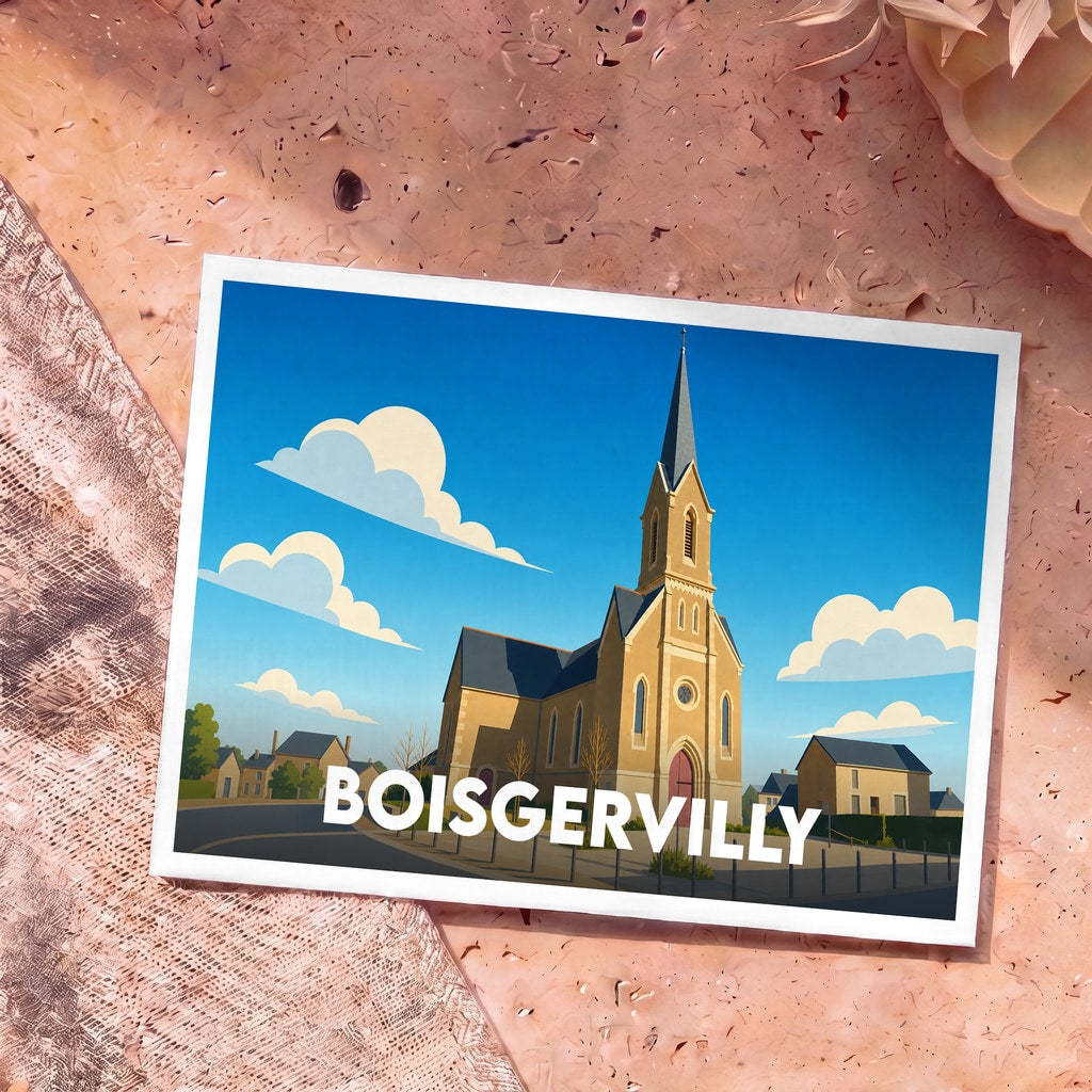Carte postale souvenir de la ville de Boisgervilly avec une illustration stylisée de son église.