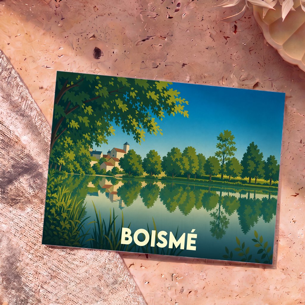 Carte postale souvenir de la ville de Boismé avec une illustration stylisée d'un paysage arboré se reflétant dans l'eau.