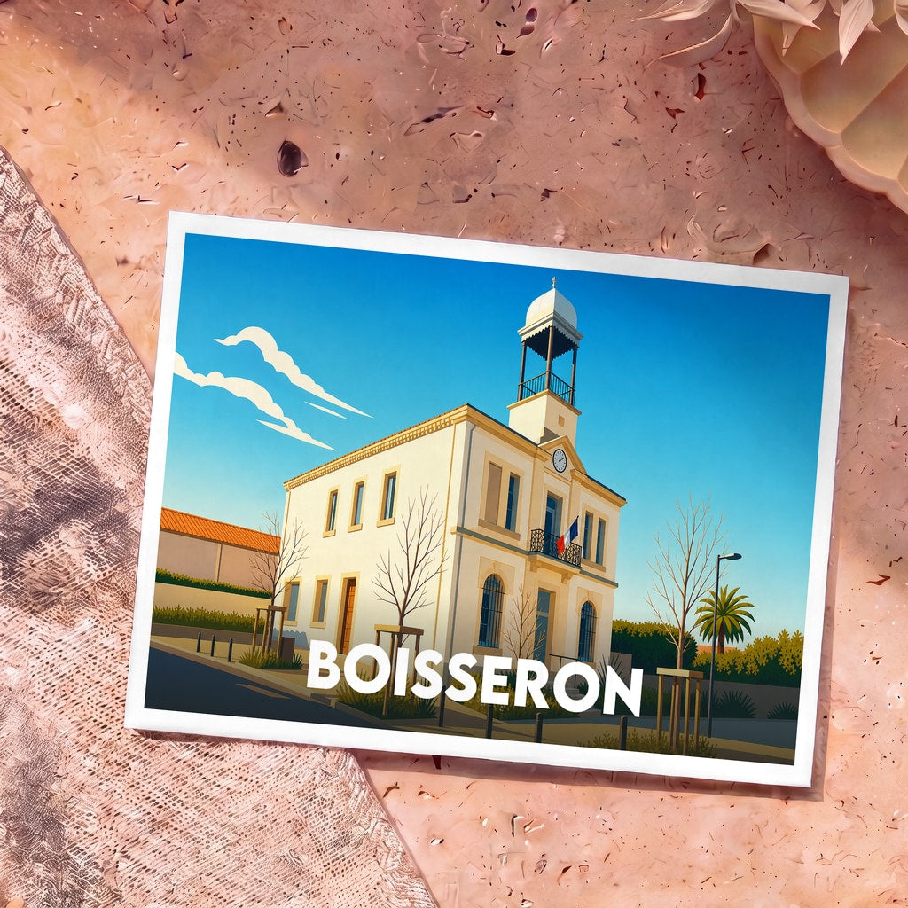 Carte postale souvenir de la ville de Boisseron représentant une illustration stylisée de sa mairie sous un ciel bleu.