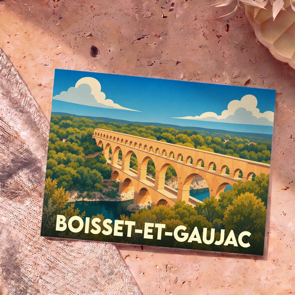 Carte postale souvenir de la ville de Boisset-et-Gaujac illustrant le Pont du Gard dans un style graphique épuré.