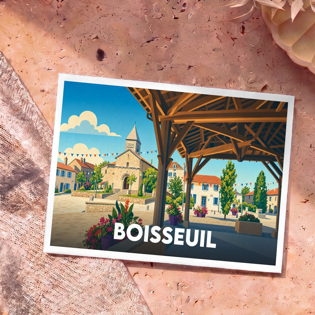 Carte postale souvenir de la ville de Boisseuil avec une illustration stylisée de sa place centrale et de son église.