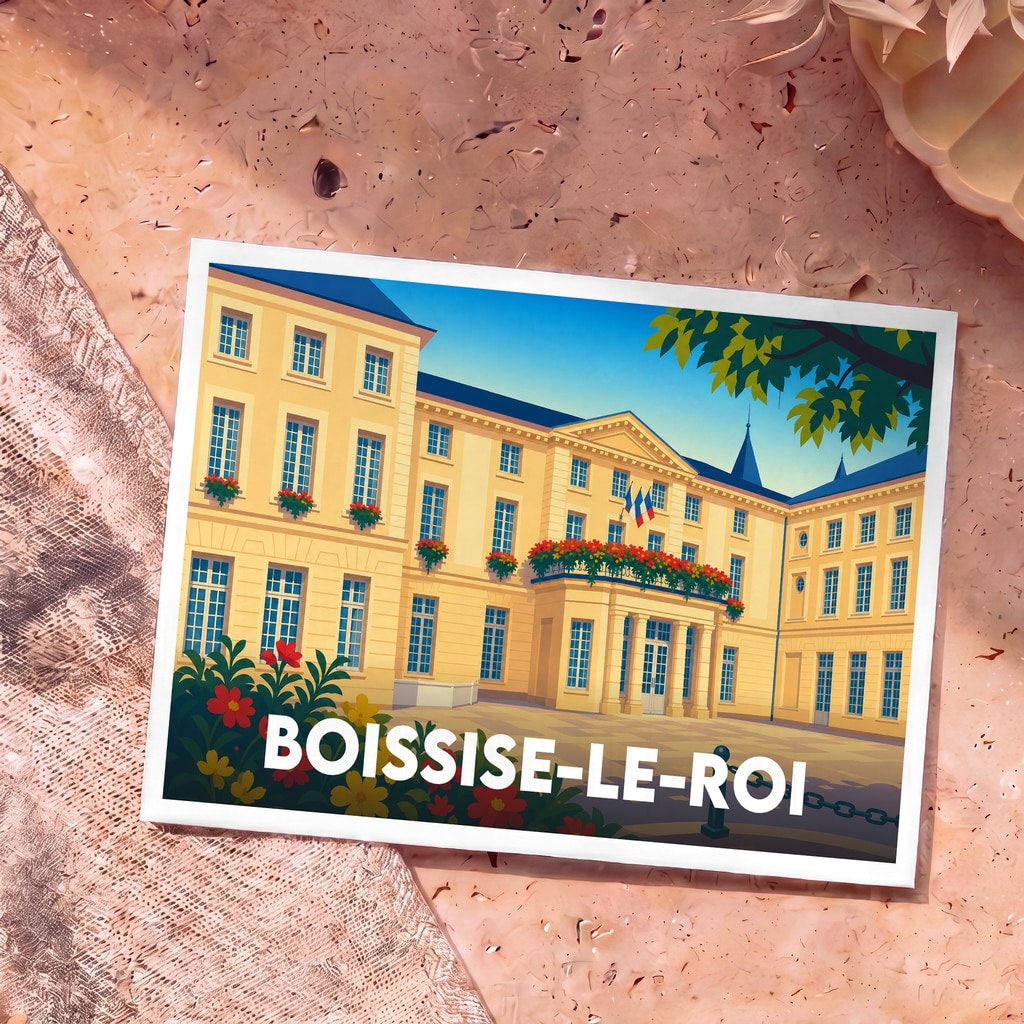 Carte postale souvenir de la ville de Boissise-le-Roi avec une illustration colorée de l'hôtel de ville.