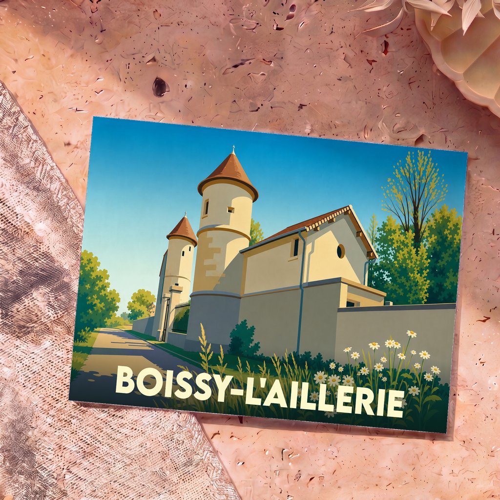 Carte postale souvenir de la ville de Boissy-l'Aillerie avec une illustration stylisée de son patrimoine architectural.