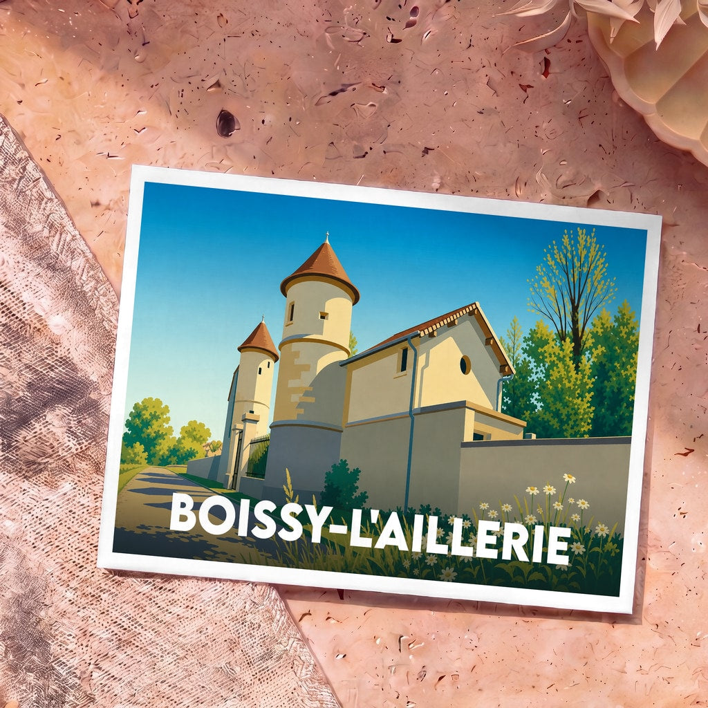 Carte postale souvenir de la ville de Boissy-l'Aillerie avec une illustration stylisée de son patrimoine architectural.