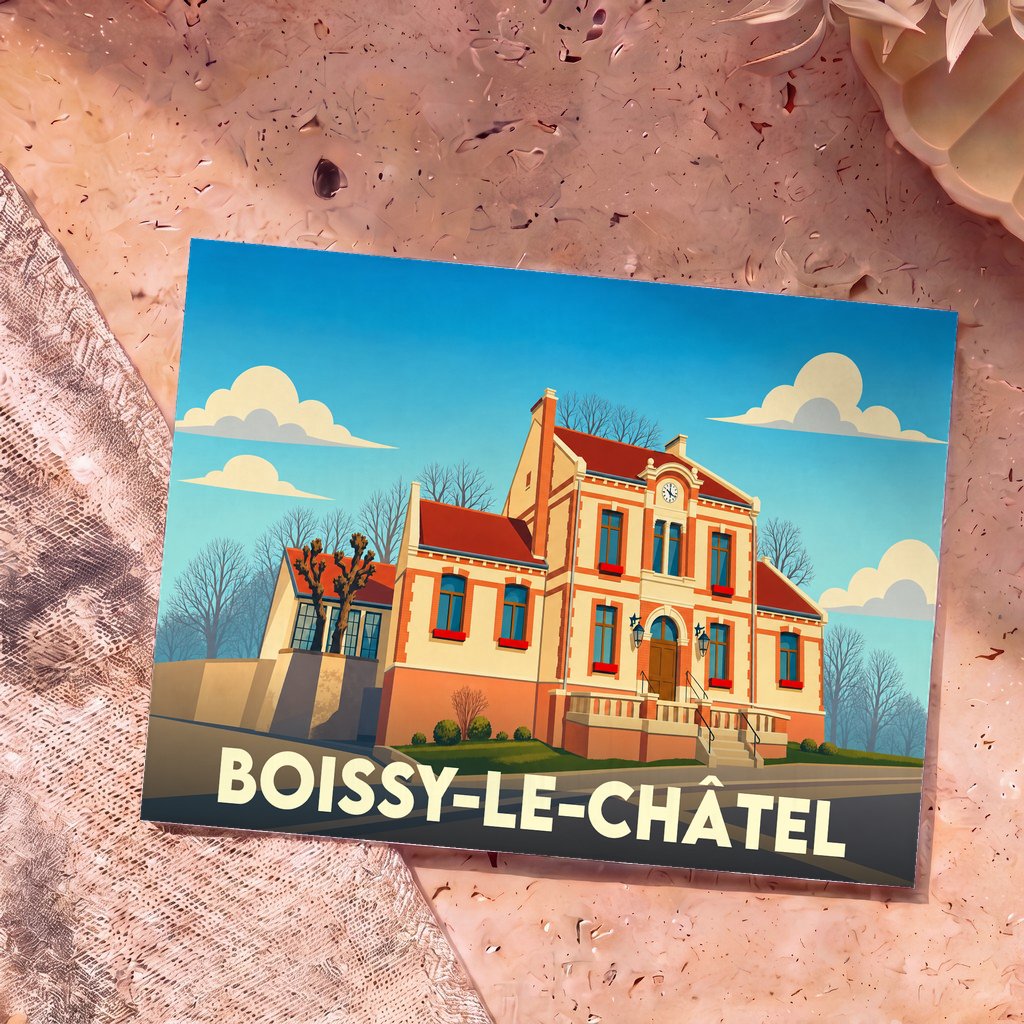 Carte postale souvenir de la ville de Boissy-le-Châtel avec une illustration stylisée de sa mairie.