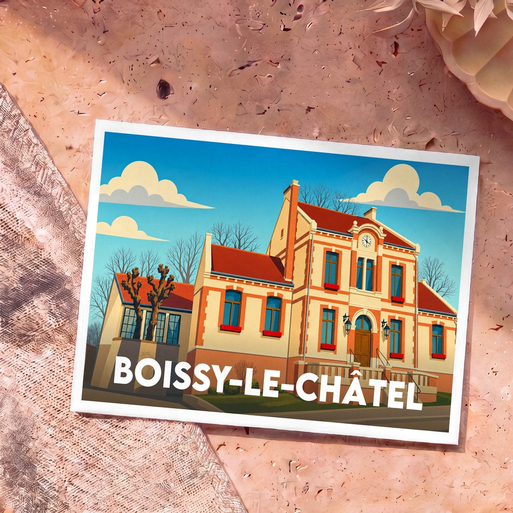Carte postale souvenir de la ville de Boissy-le-Châtel avec une illustration stylisée de sa mairie.