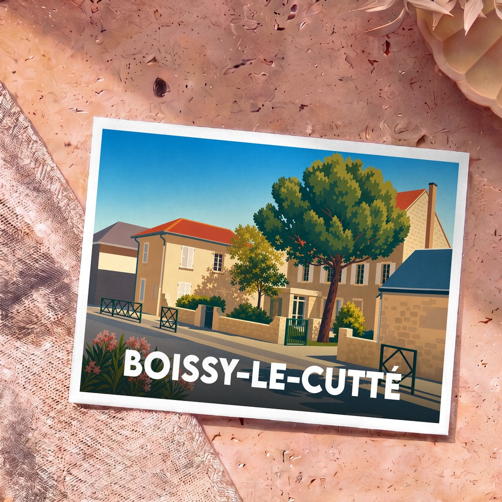 Carte postale souvenir de Boissy-le-Cutté avec une illustration stylisée d'une rue ensoleillée du village.