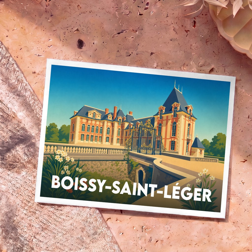Carte postale souvenir de la ville de Boissy-Saint-Léger illustrant le château de Grosbois dans un style graphique épuré.
