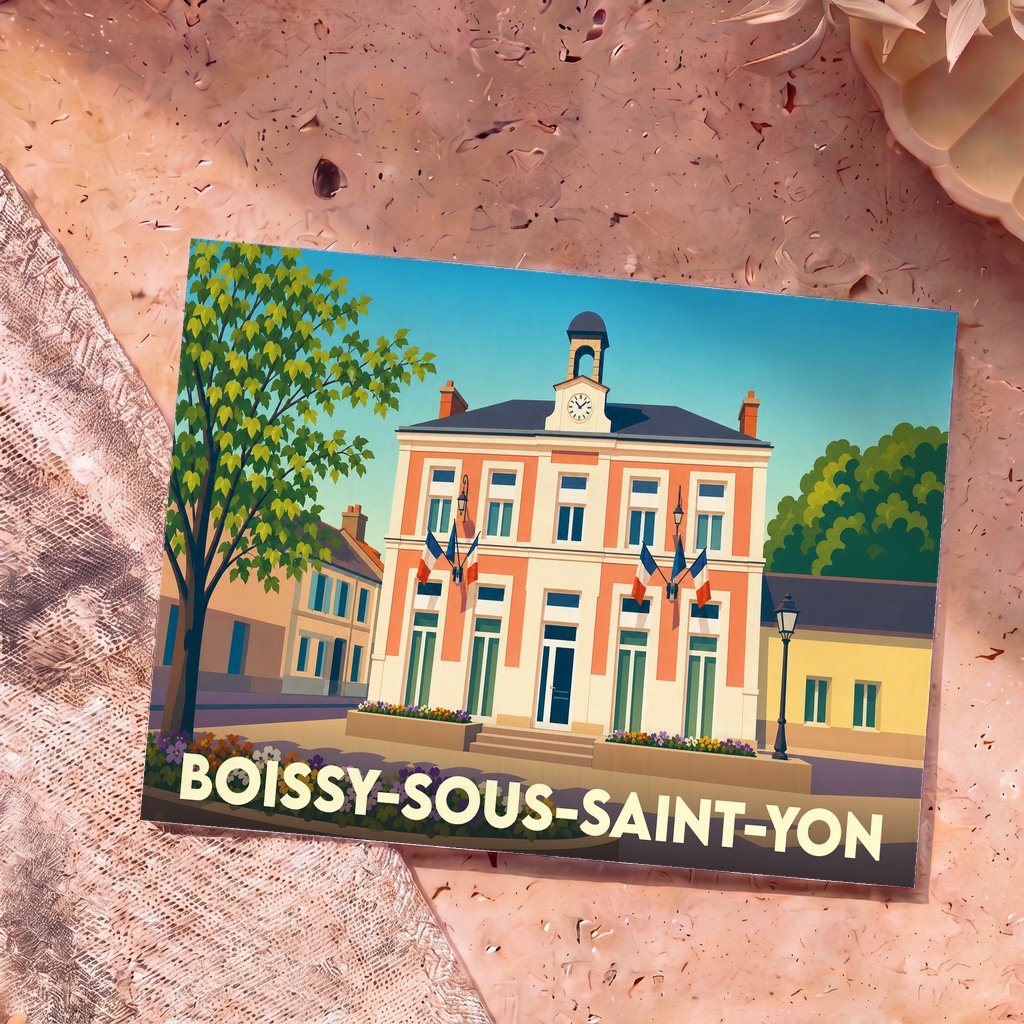 Carte postale souvenir de la ville de Boissy-sous-Saint-Yon avec une illustration stylisée de sa mairie.