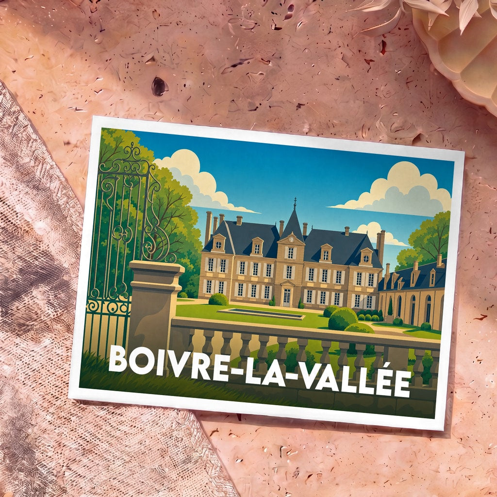 Carte postale souvenir de la ville de Boivre-la-Vallée avec une illustration stylisée d'un château.