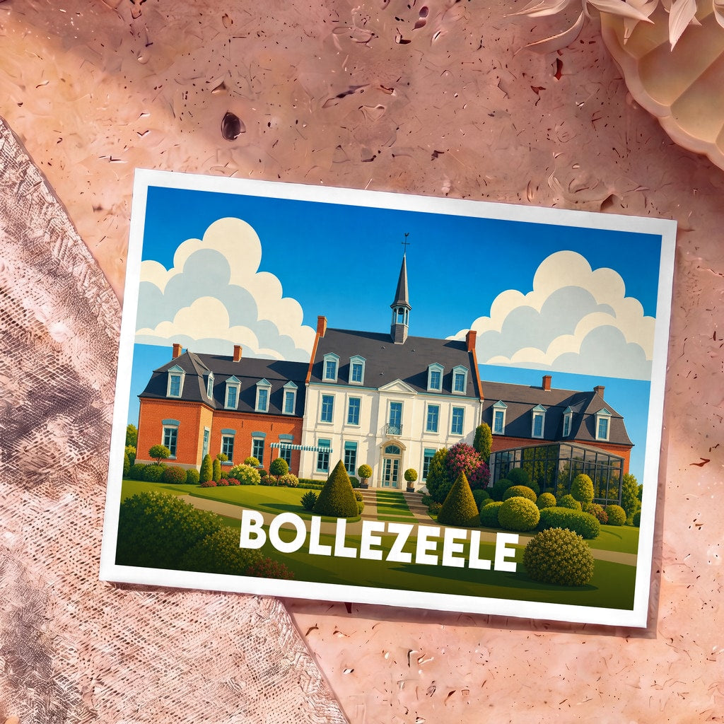 Carte postale souvenir de la ville de Bollezeele avec une illustration stylisée d'un manoir et de ses jardins.