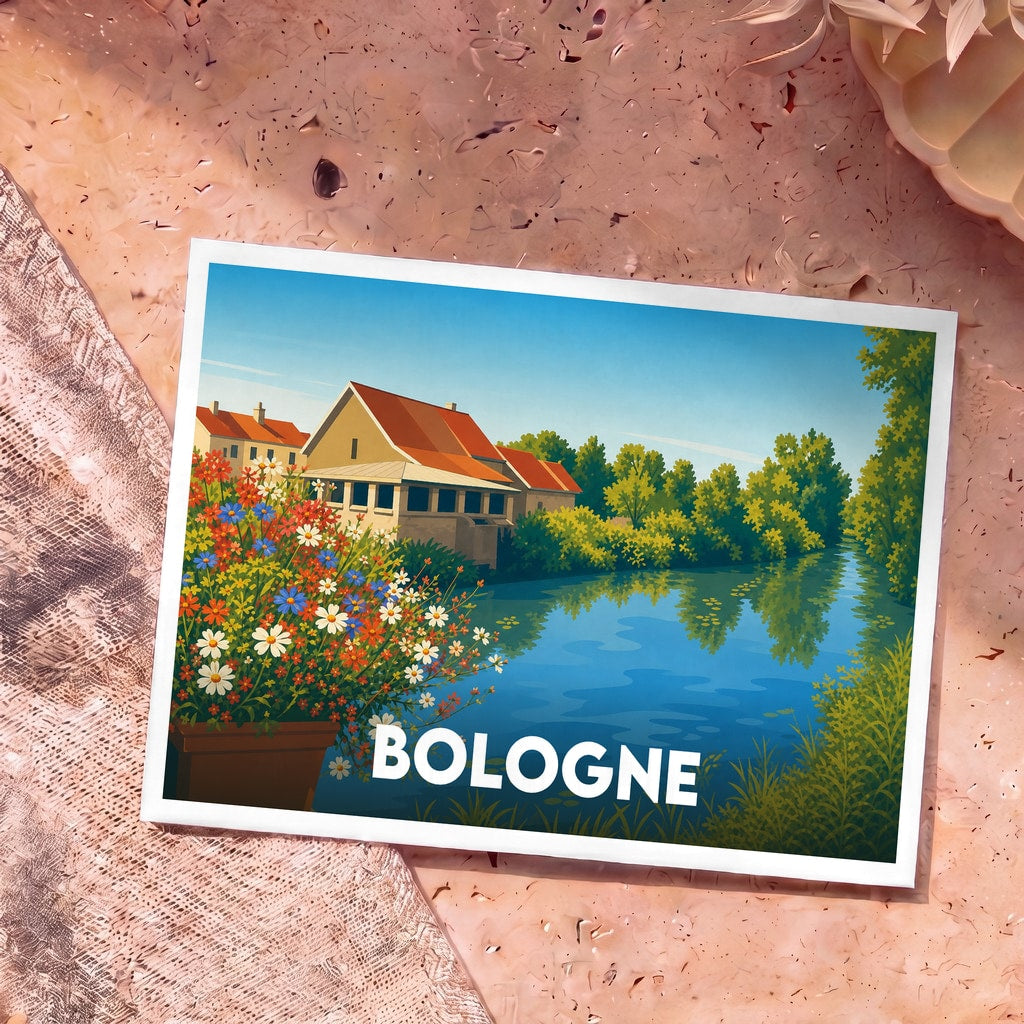 Carte postale souvenir de la ville de Bologne avec une illustration colorée représentant une maison au bord de l'eau.