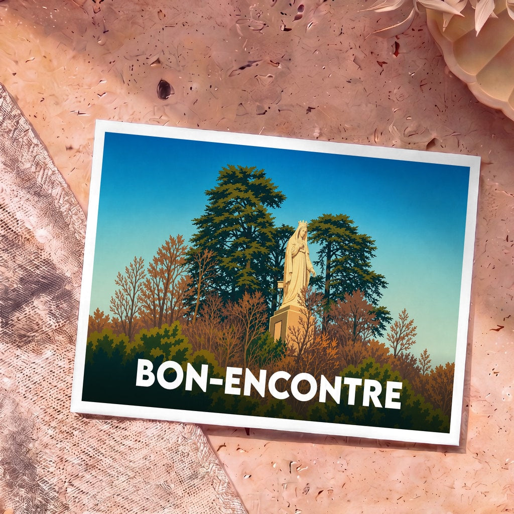 Carte postale souvenir de la ville de Bon-Encontre illustrant une statue de la Vierge Marie au milieu d'un paysage arboré.