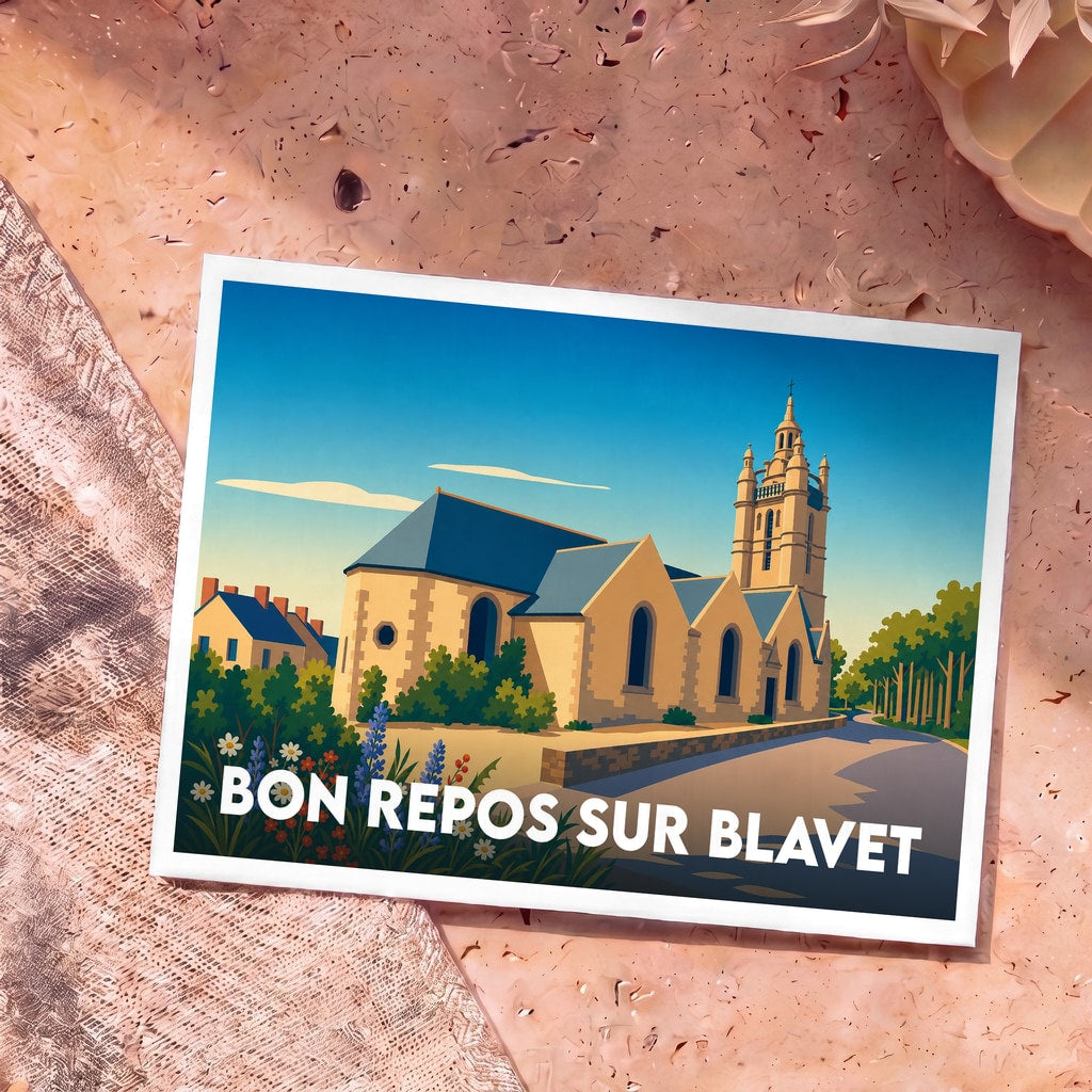 Carte postale souvenir de la ville de Bon Repos sur Blavet avec une illustration stylisée de son église.