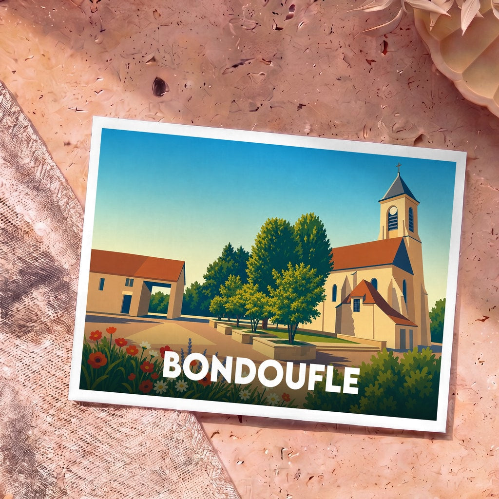 Carte postale souvenir de la ville de Bondoufle avec une illustration stylisée de son église et de sa place.