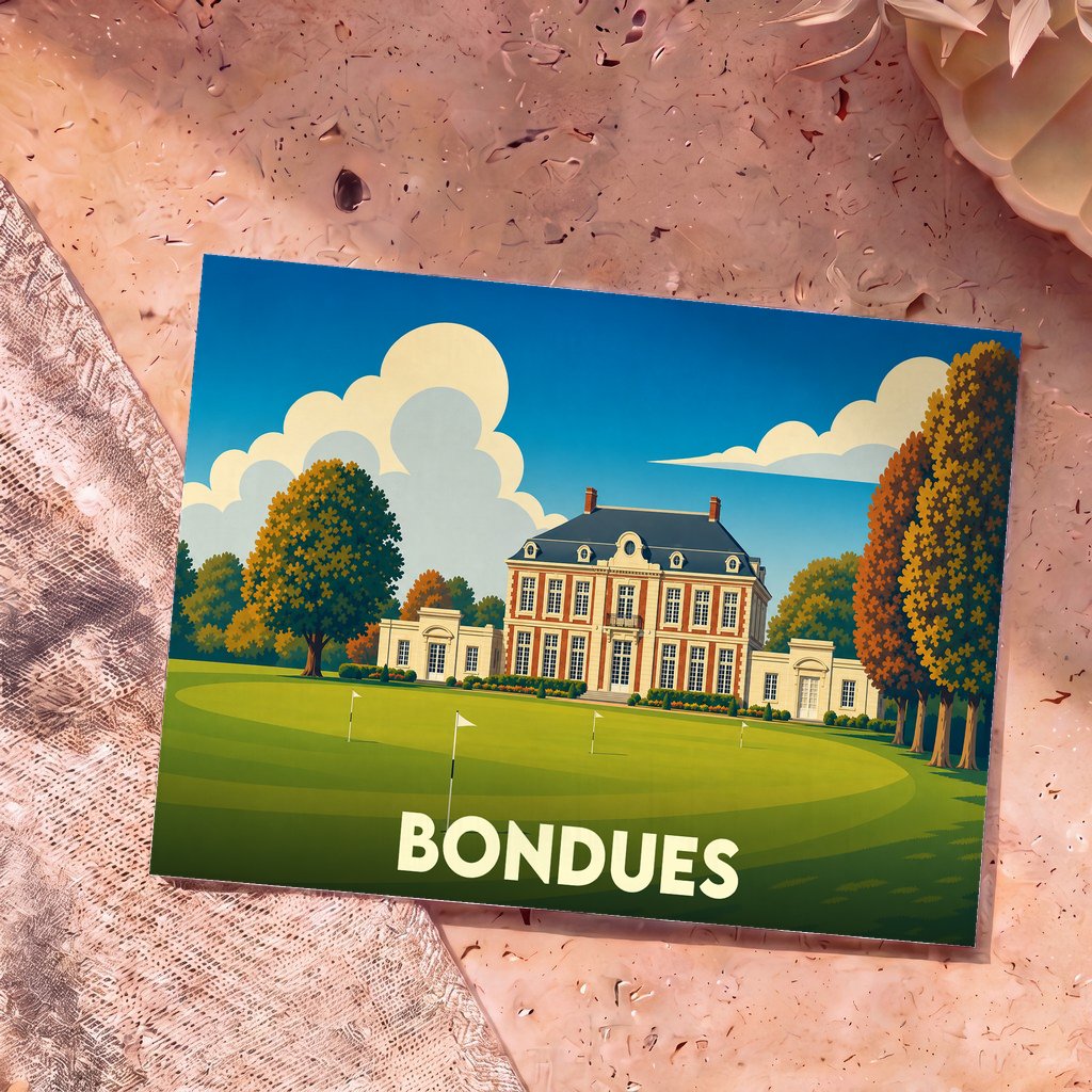 Carte postale souvenir de la ville de Bondues illustrant un château et son parcours de golf dans un style vintage.