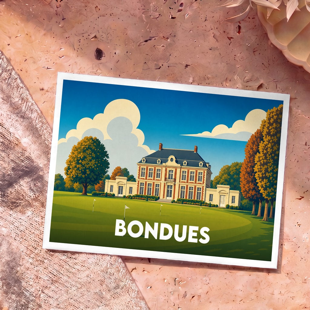 Carte postale souvenir de la ville de Bondues illustrant un château et son parcours de golf dans un style vintage.