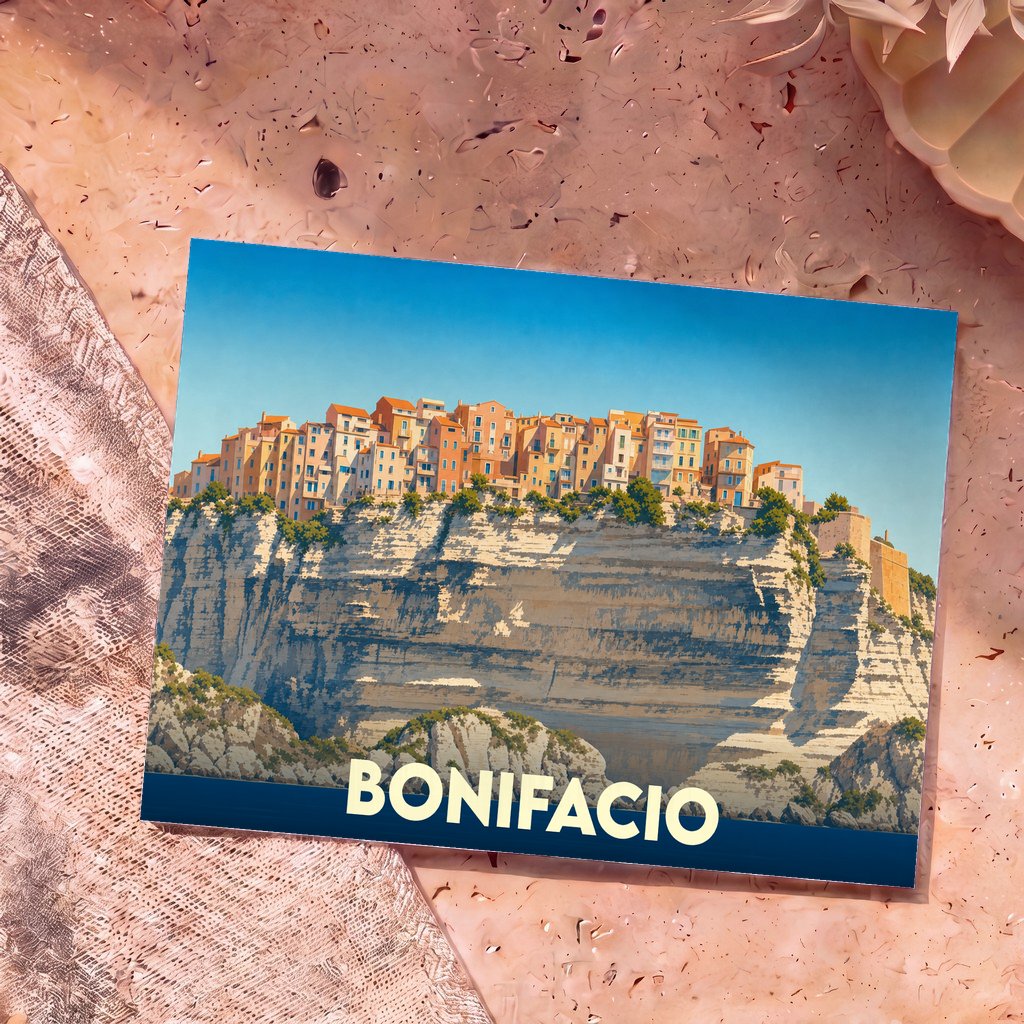 Carte postale souvenir de la ville de Bonifacio avec une illustration stylisée d'habitations perchées sur une falaise.