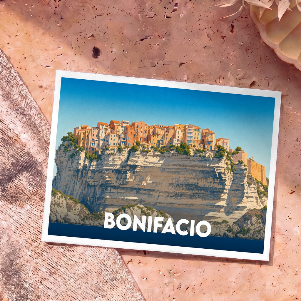Carte postale souvenir de la ville de Bonifacio avec une illustration stylisée d'habitations perchées sur une falaise.