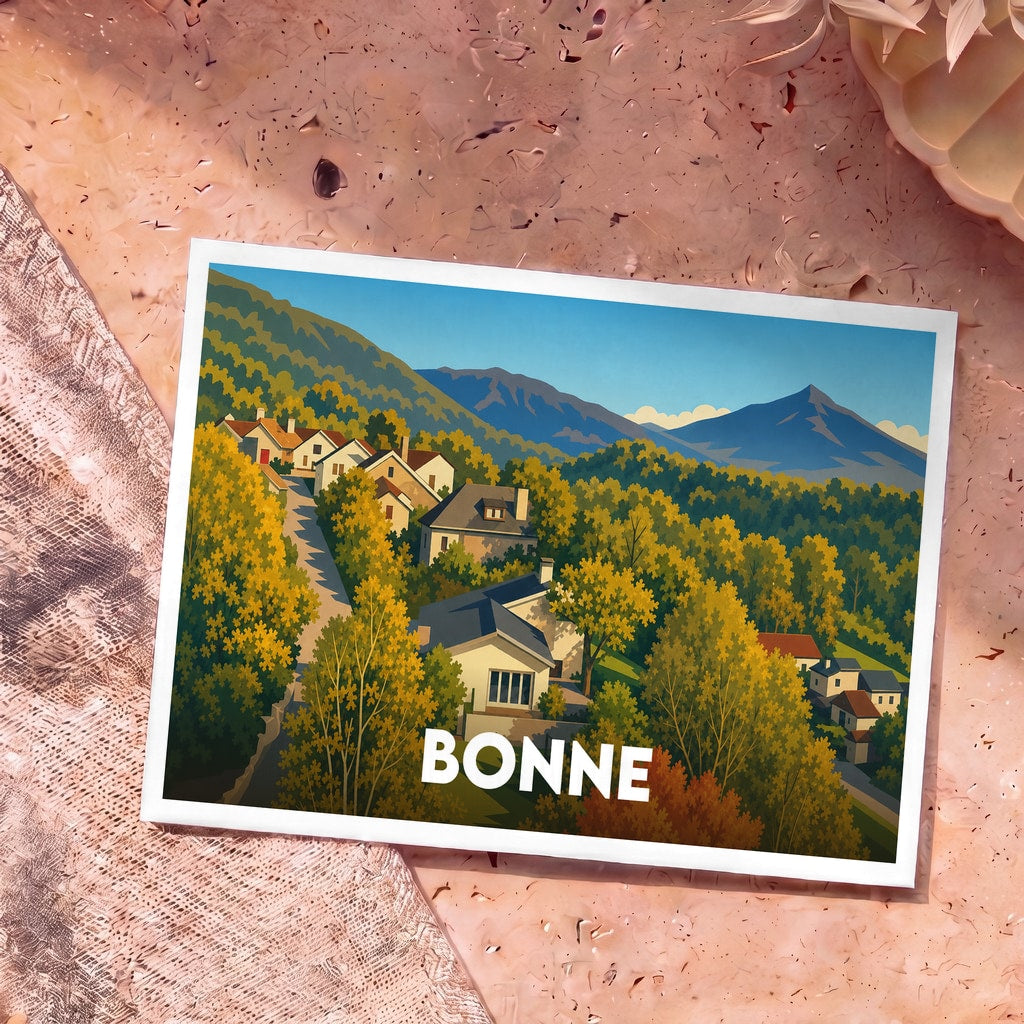 Carte postale souvenir de la ville de Bonne avec une illustration stylisée d'un village de montagne en automne.