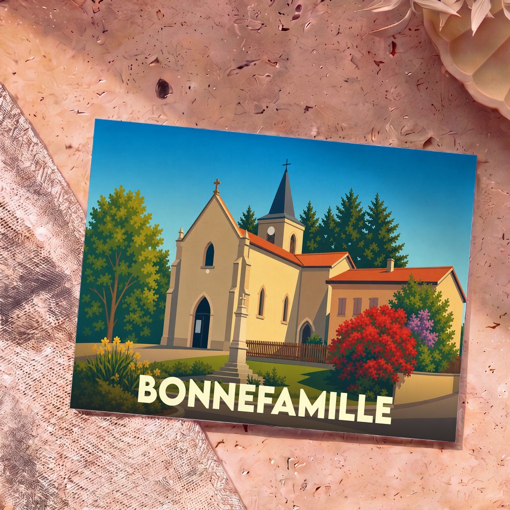 Carte postale souvenir de la ville de Bonnefamille avec une illustration stylisée de son église.