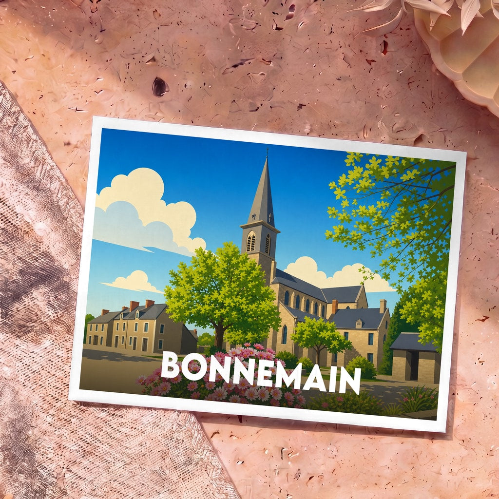 Carte postale souvenir de la ville de Bonnemain avec une illustration stylisée de son église et de ses maisons en pierre.