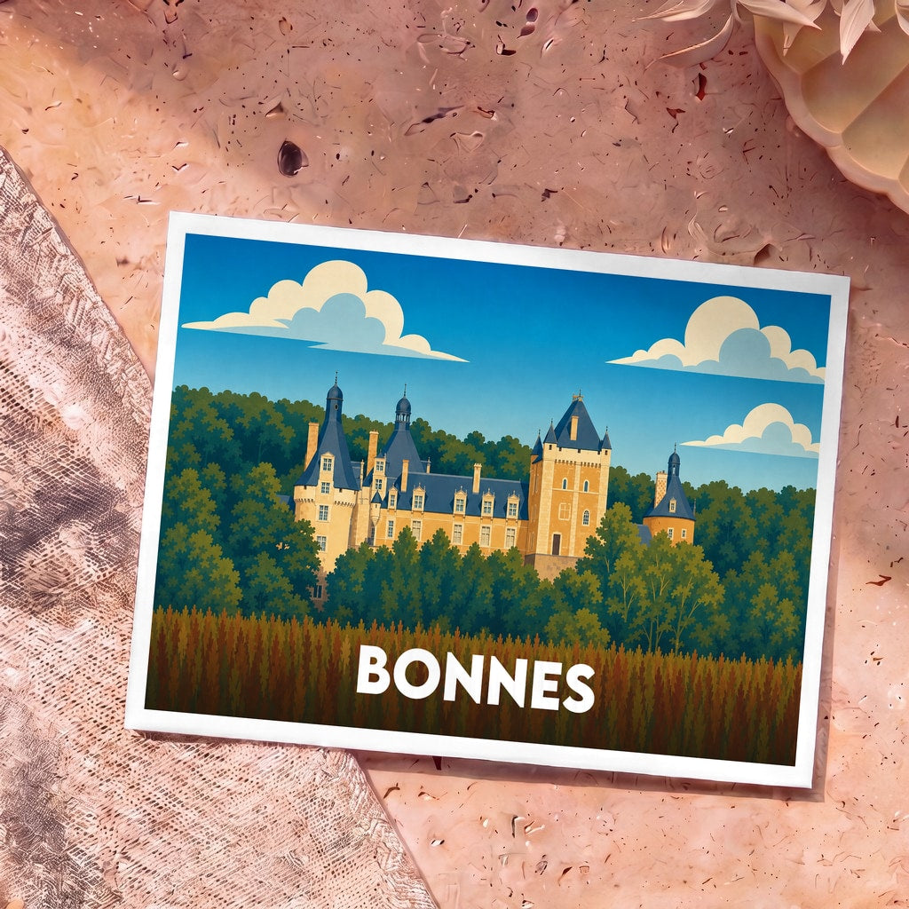 Carte postale souvenir de la ville de Bonnes avec une illustration stylisée d'un château entouré de forêt.