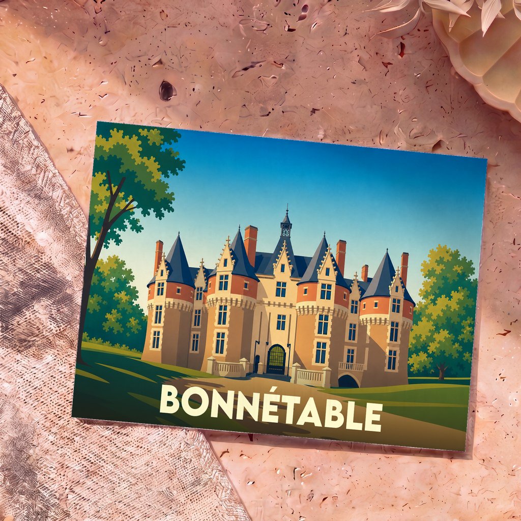 Carte postale souvenir de la ville de Bonnétable représentant son château dans un style graphique épuré.