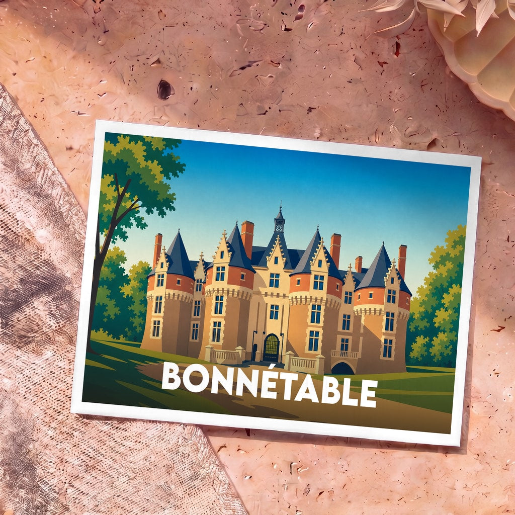 Carte postale souvenir de la ville de Bonnétable représentant son château dans un style graphique épuré.