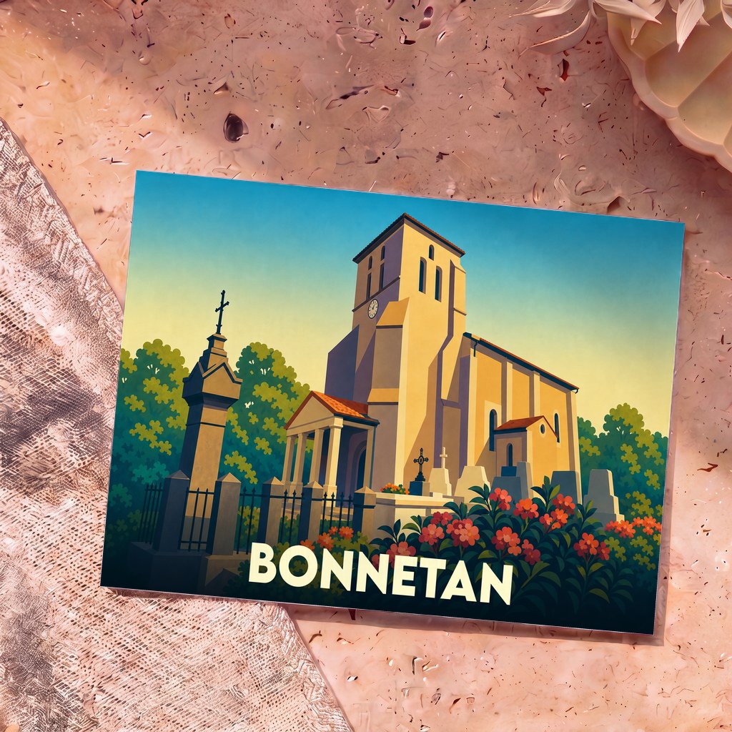 Carte postale souvenir de la ville de Bonnetan avec une illustration stylisée de son église et de ses environs.