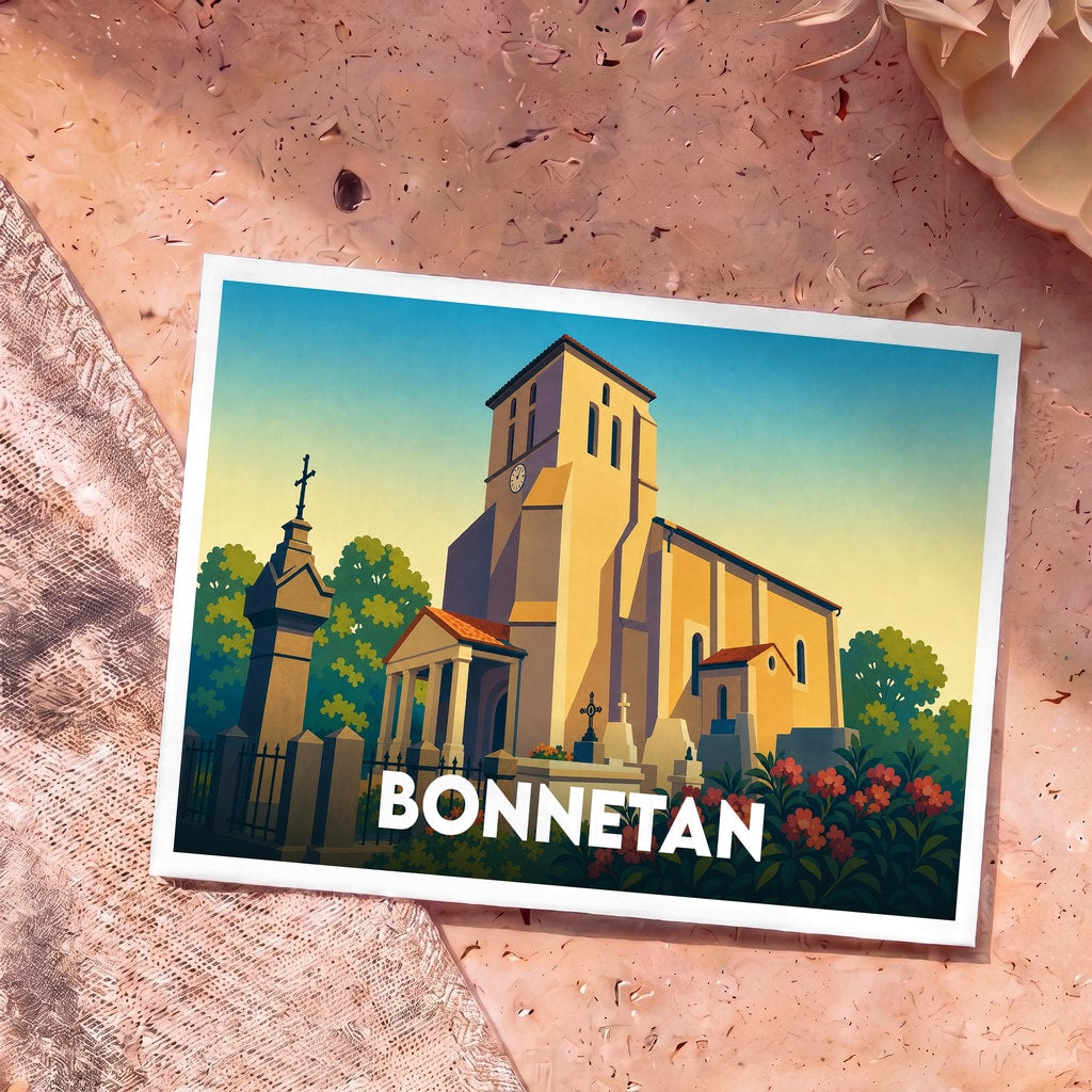 Carte postale souvenir de la ville de Bonnetan avec une illustration stylisée de son église et de ses environs.