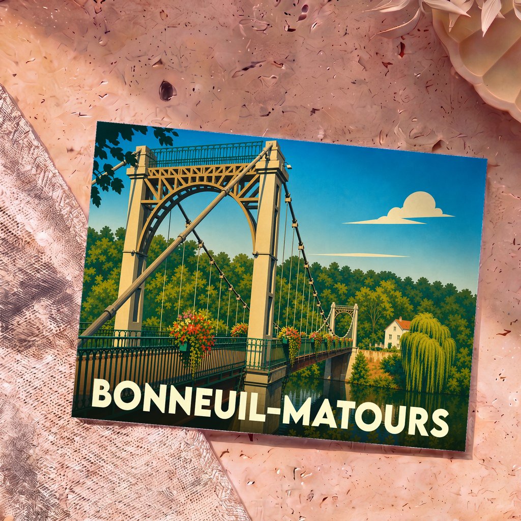 Carte postale souvenir de Bonneuil-Matours illustrant son pont suspendu emblématique dans un style rétro.