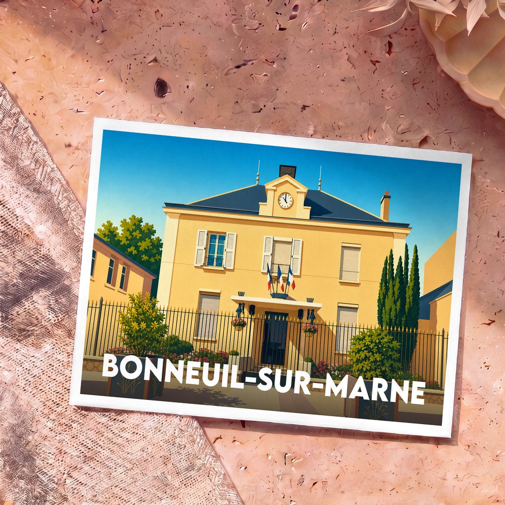 Carte postale souvenir de la ville de Bonneuil-sur-Marne illustrée par un dessin stylisé de sa mairie.