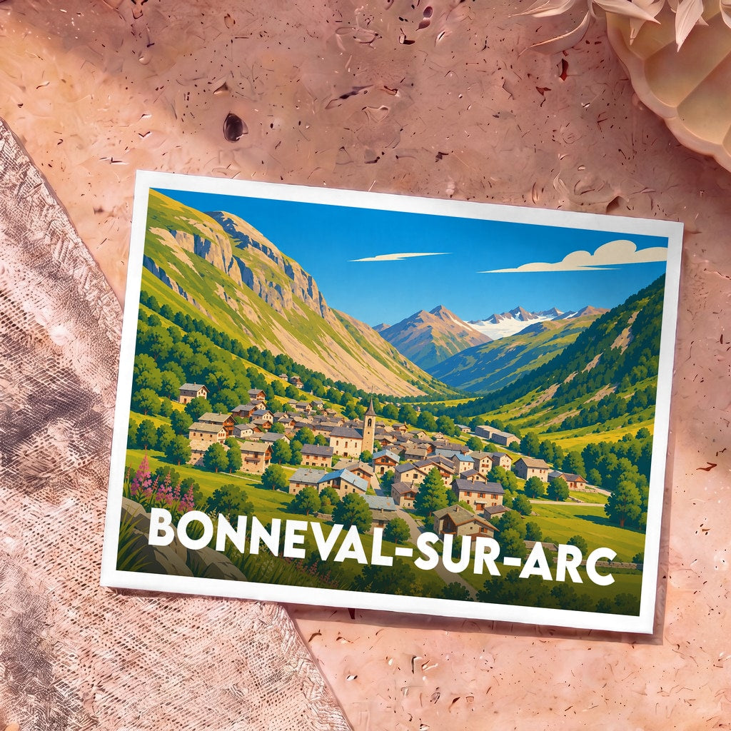 Carte postale souvenir de Bonneval-sur-Arc avec une illustration colorée et stylisée du village niché dans une vallée alpine.