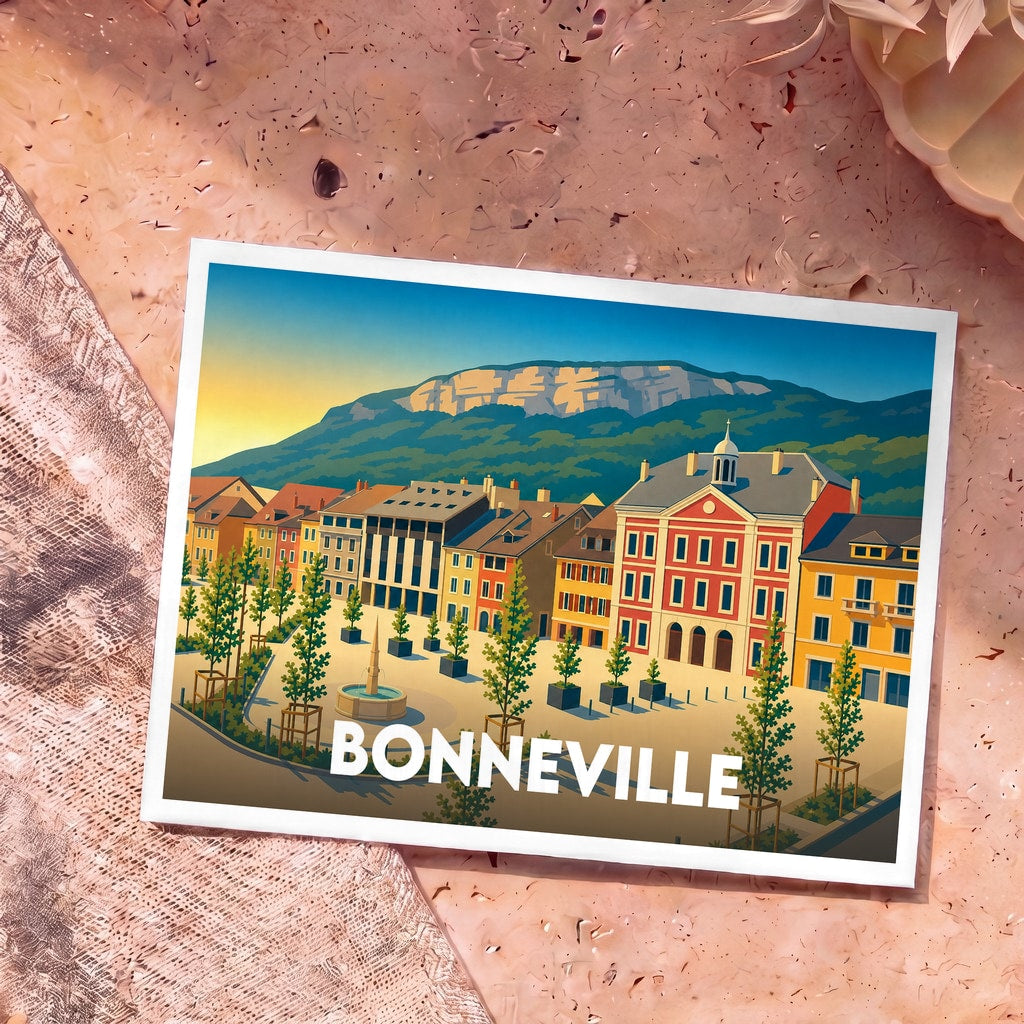Carte postale souvenir de la ville de Bonneville avec une illustration stylisée de sa place centrale et des montagnes environnantes.