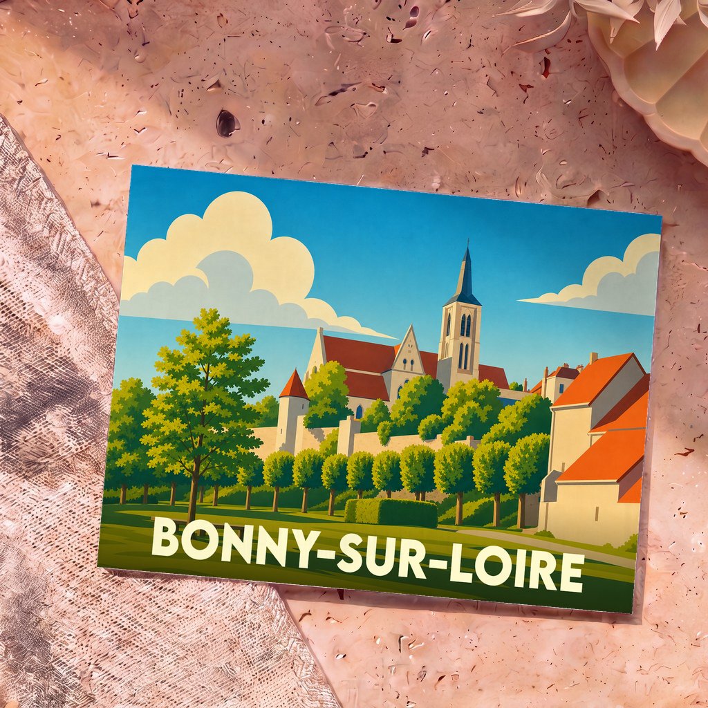 Carte postale souvenir de la ville de Bonny-sur-Loire avec une illustration stylisée.