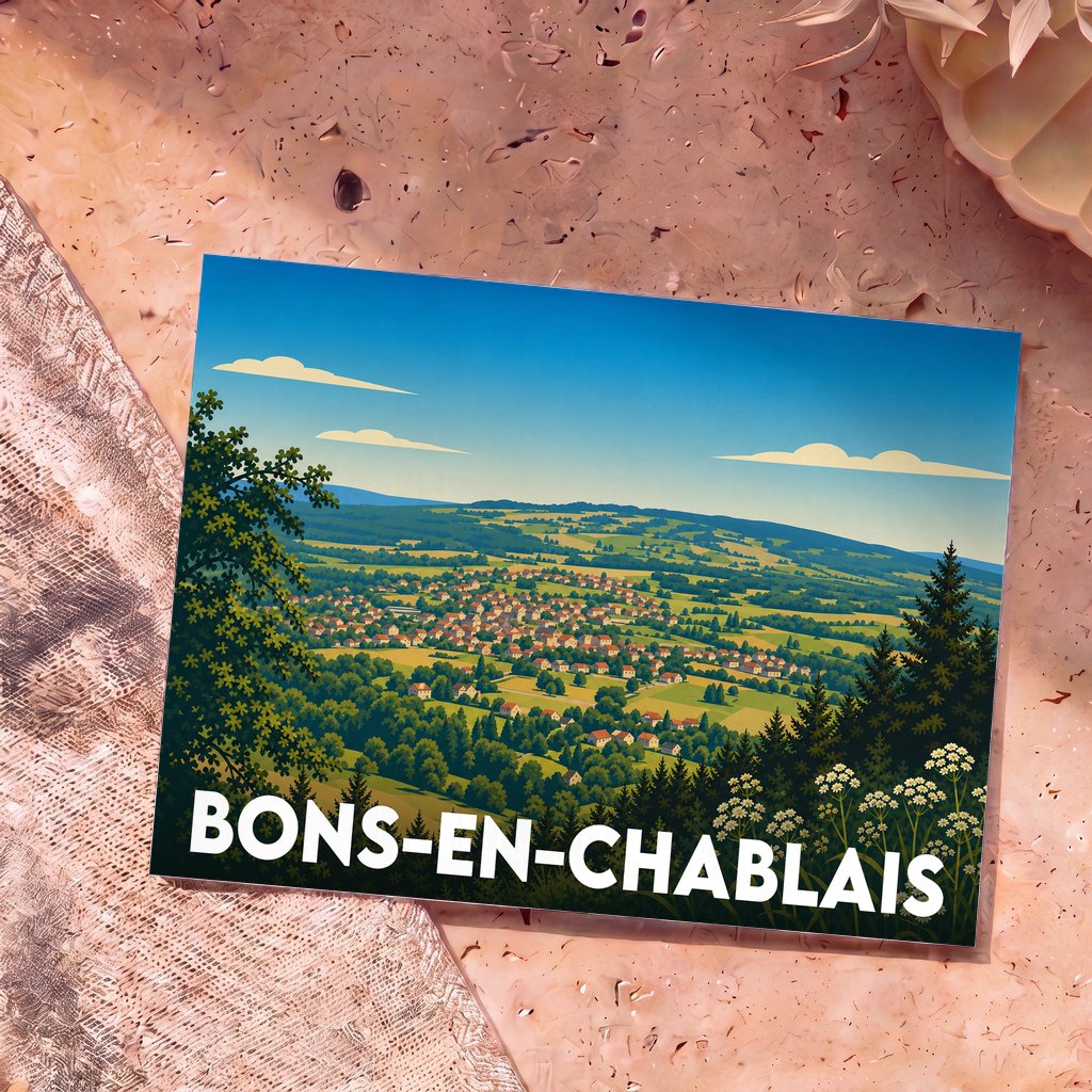Carte postale souvenir de la ville de Bons-en-Chablais avec une illustration stylisée d'un paysage vallonné.