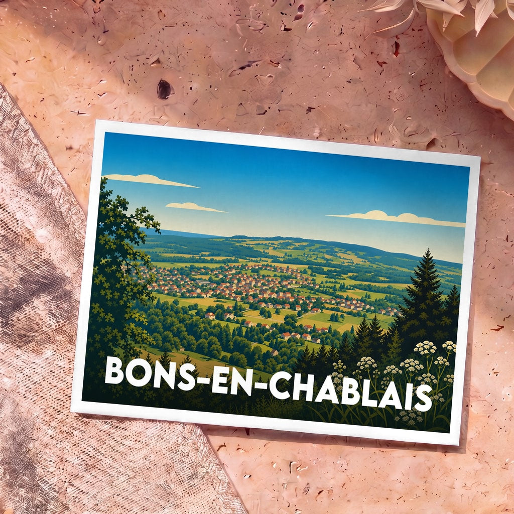 Carte postale souvenir de la ville de Bons-en-Chablais avec une illustration stylisée d'un paysage vallonné.