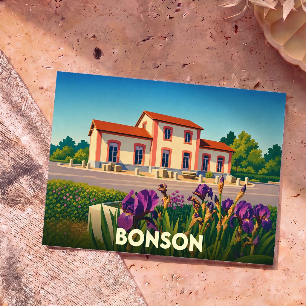 Carte postale souvenir de la ville de Bonson avec une illustration stylisée de son ancienne gare fleurie d'iris.