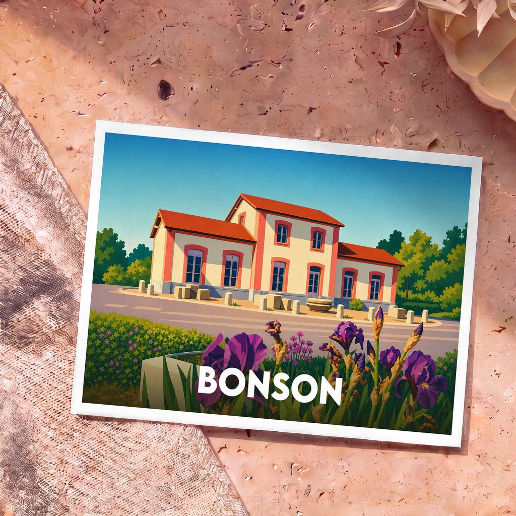 Carte postale souvenir de la ville de Bonson avec une illustration stylisée de son ancienne gare fleurie d'iris.