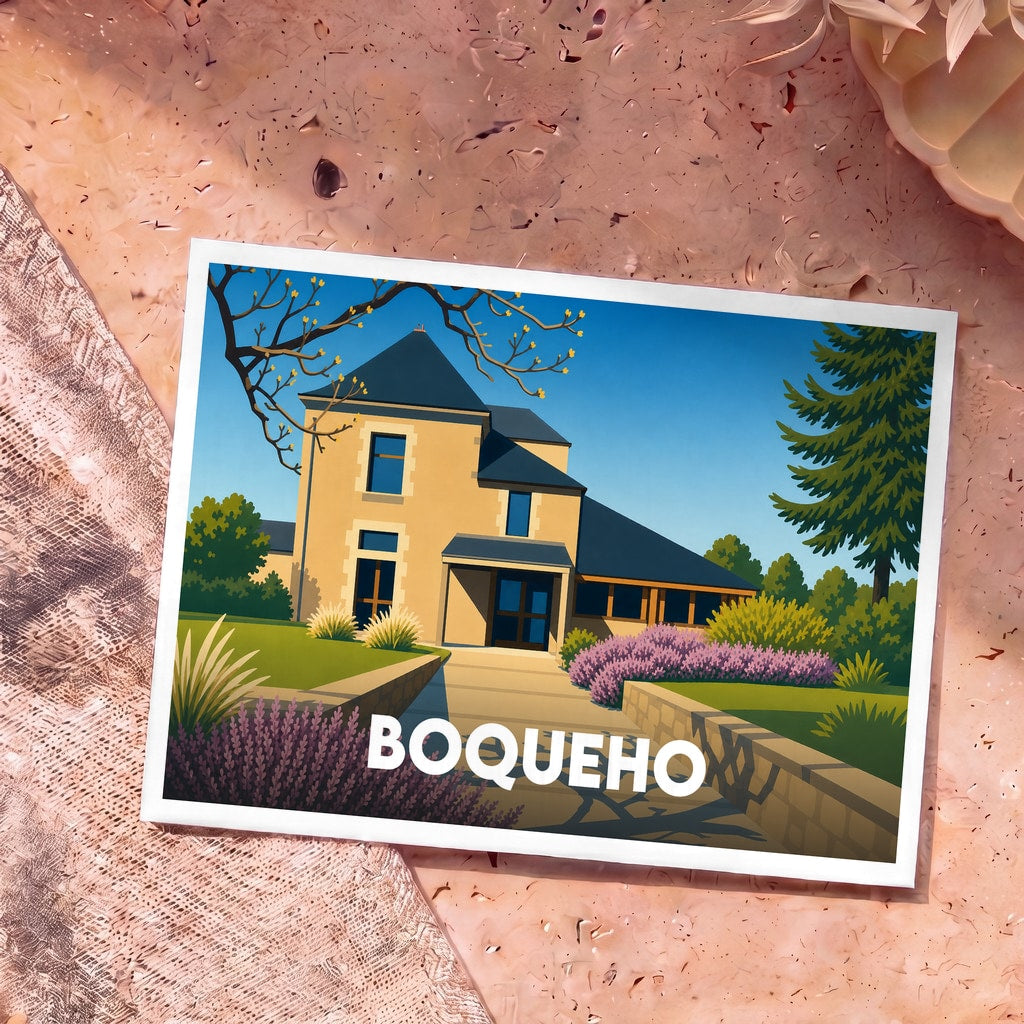 Carte postale souvenir de la ville de Boqueho avec une illustration stylisée d'une maison traditionnelle bretonne.