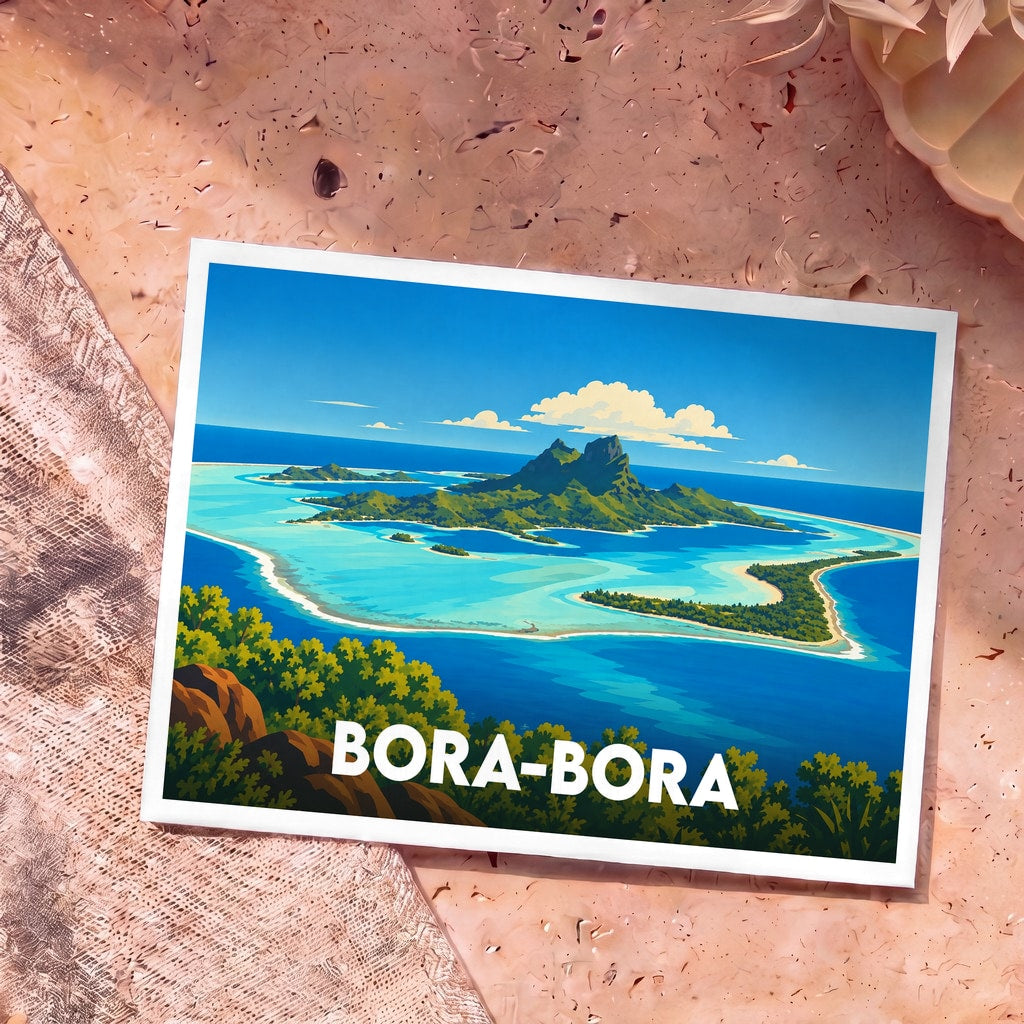 Carte postale souvenir de Bora-Bora avec une illustration stylisée de son lagon et de ses montagnes.