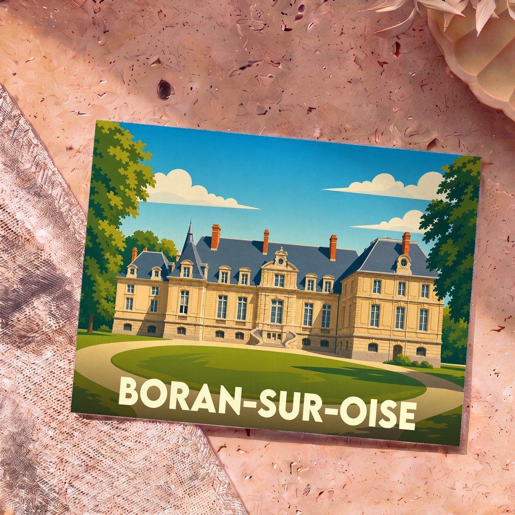 Carte postale souvenir de Boran-sur-Oise illustrant un château majestueux dans un style graphique épuré.