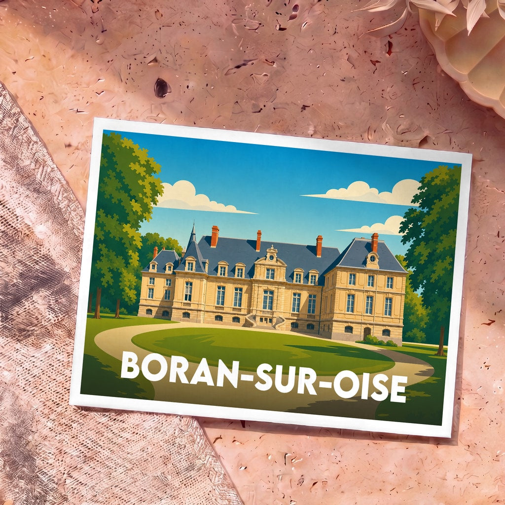 Carte postale souvenir de Boran-sur-Oise illustrant un château majestueux dans un style graphique épuré.