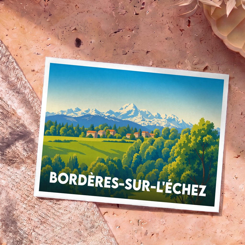 Carte postale souvenir de la ville de Bordères-sur-l'Échez avec une illustration stylisée d'un paysage de montagne.