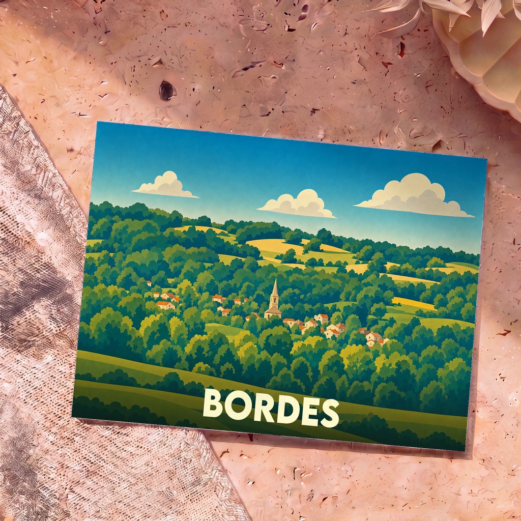 Carte postale souvenir de la ville de Bordes avec une illustration stylisée d'un village niché dans une vallée boisée.