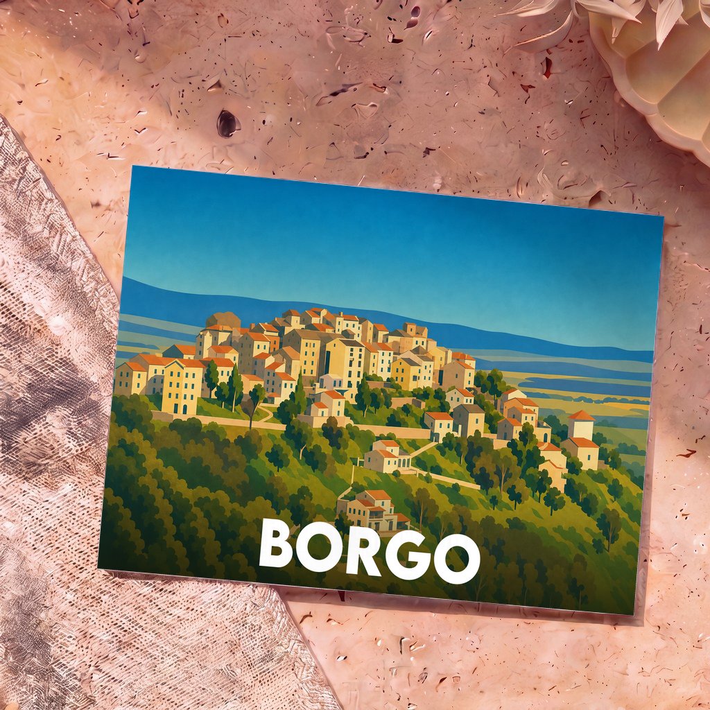 Carte postale souvenir de la ville de Borgo avec une illustration stylisée d'un village perché.