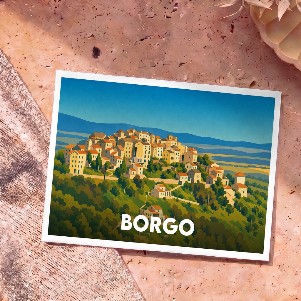 Carte postale souvenir de la ville de Borgo avec une illustration stylisée d'un village perché.