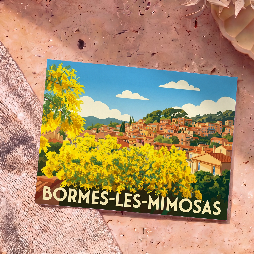 Carte postale souvenir de la ville de Bormes-les-Mimosas arborant une illustration colorée de ses célèbres mimosas en fleurs devant le village provençal.